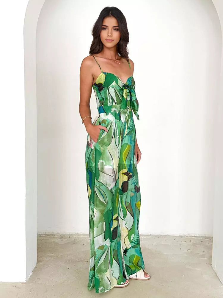 Elegant Printed Slip With Tie Front Wide Leg Jumpsuit Mssza