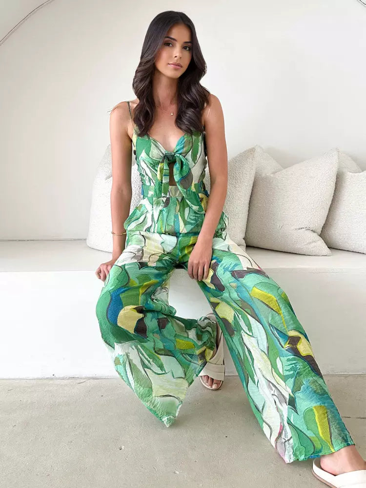 Elegant Printed Slip With Tie Front Wide Leg Jumpsuit Mssza