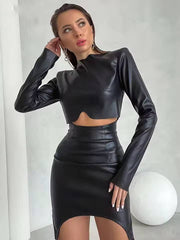 Elegant Pu Leather O-Neck Crop Tops And High Waist Slim Mini Skirt 2 Piece Set Mssza