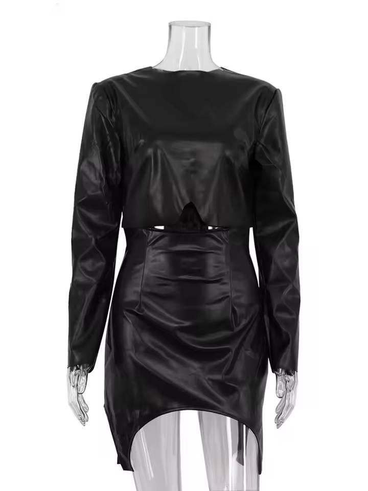 Elegant Pu Leather O-Neck Crop Tops And High Waist Slim Mini Skirt 2 Piece Set Mssza