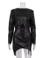 Elegant Pu Leather O-Neck Crop Tops And High Waist Slim Mini Skirt 2 Piece Set Mssza