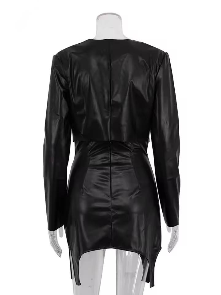 Elegant Pu Leather O-Neck Crop Tops And High Waist Slim Mini Skirt 2 Piece Set Mssza