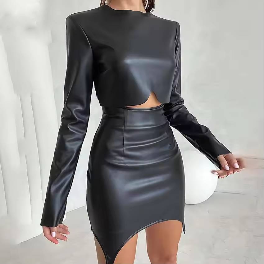 Elegant Pu Leather O-Neck Crop Tops And High Waist Slim Mini Skirt 2 Piece Set Mssza