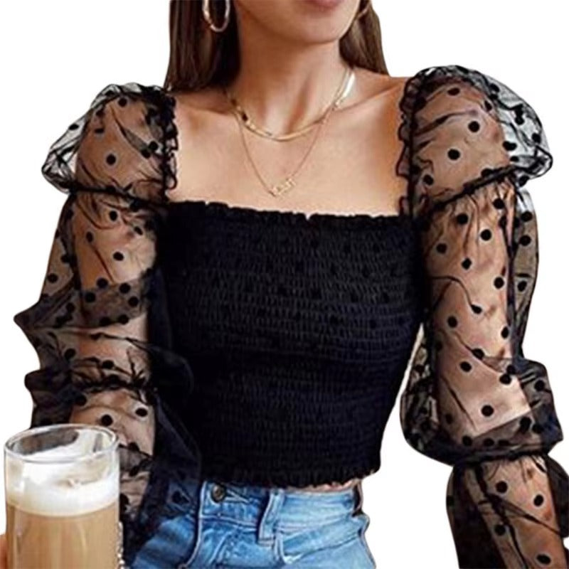 Elegant Puff Long Sleeve Lace Polka Broadcloth Dot Crop Tops Mssza