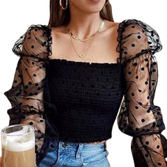 Elegant Puff Long Sleeve Lace Polka Broadcloth Dot Crop Tops Mssza