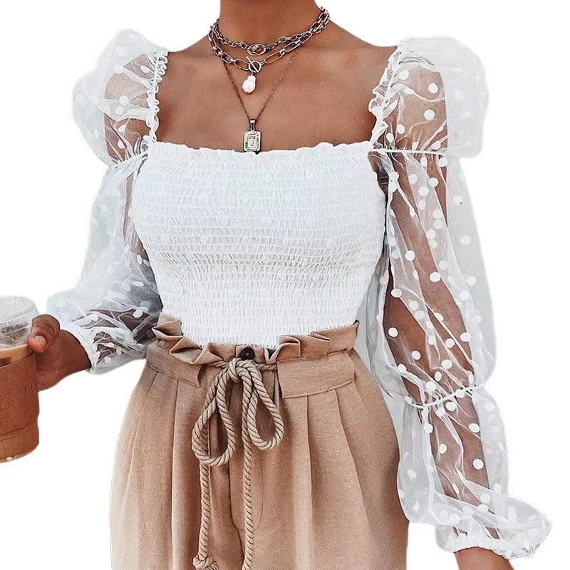 Elegant Puff Long Sleeve Lace Polka Broadcloth Dot Crop Tops Mssza
