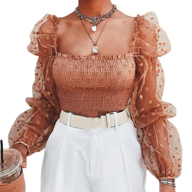 Elegant Puff Long Sleeve Lace Polka Broadcloth Dot Crop Tops Mssza
