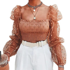 Elegant Puff Long Sleeve Lace Polka Broadcloth Dot Crop Tops Mssza