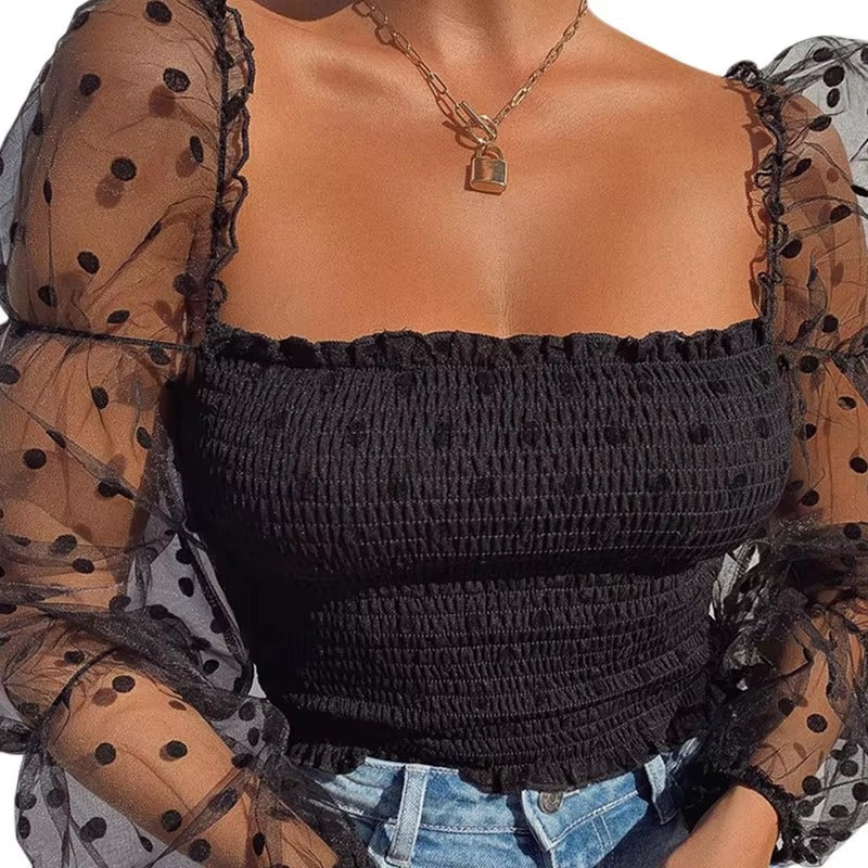 Elegant Puff Long Sleeve Lace Polka Broadcloth Dot Crop Tops Mssza