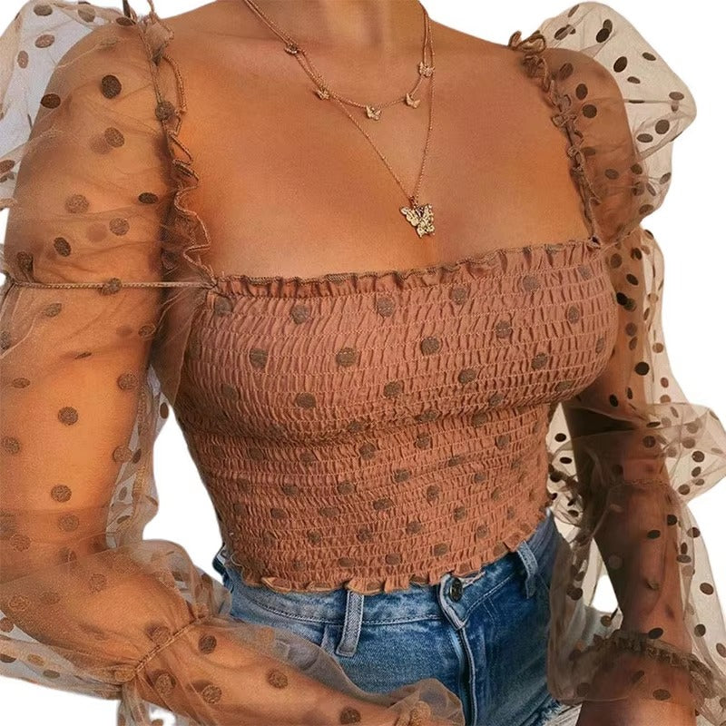 Elegant Puff Long Sleeve Lace Polka Broadcloth Dot Crop Tops Mssza
