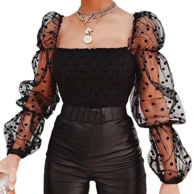Elegant Puff Long Sleeve Lace Polka Broadcloth Dot Crop Tops Mssza