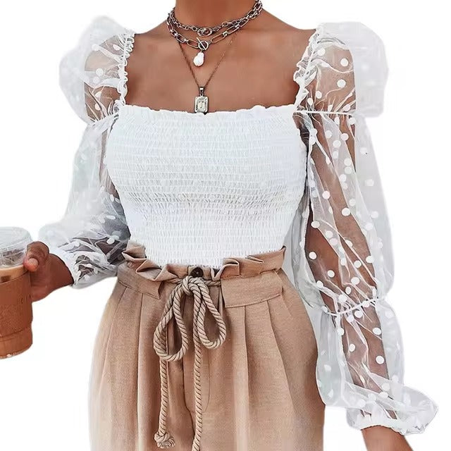 Elegant Puff Long Sleeve Lace Polka Broadcloth Dot Crop Tops Mssza