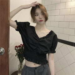 Elegant Puff Sleeve Cropped V Neck Short Blouse Mssza