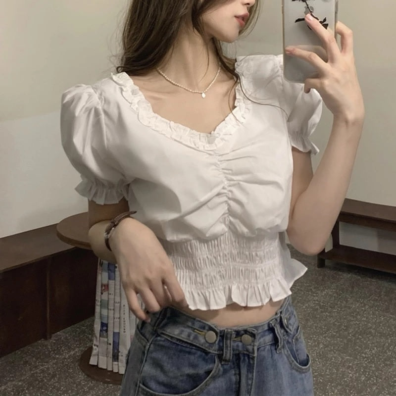 Elegant Puff Sleeve Cropped V Neck Short Blouse Mssza