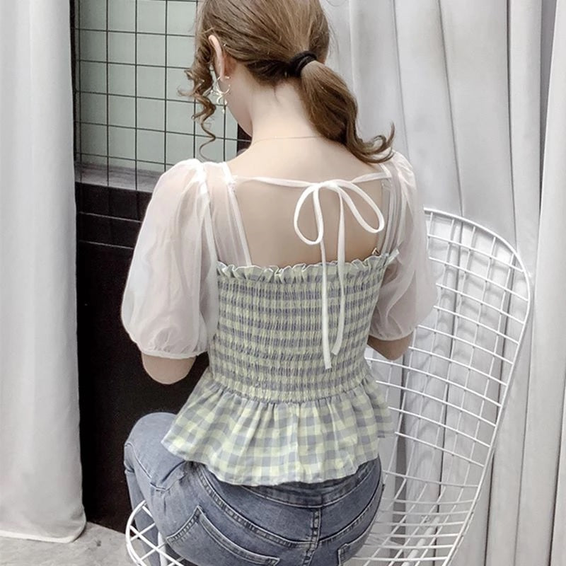 Elegant Puff Sleeve Plaid Sweet Ruffle Blouses Mssza