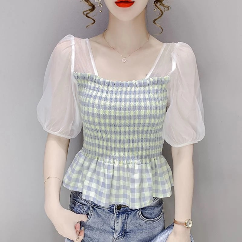 Elegant Puff Sleeve Plaid Sweet Ruffle Blouses Mssza