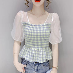 Elegant Puff Sleeve Plaid Sweet Ruffle Blouses Mssza