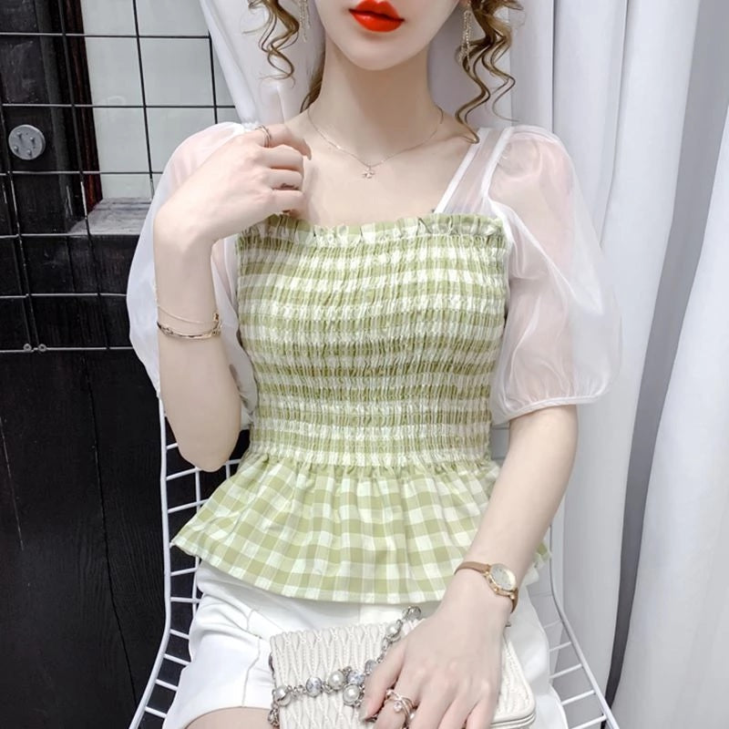 Elegant Puff Sleeve Plaid Sweet Ruffle Blouses Mssza