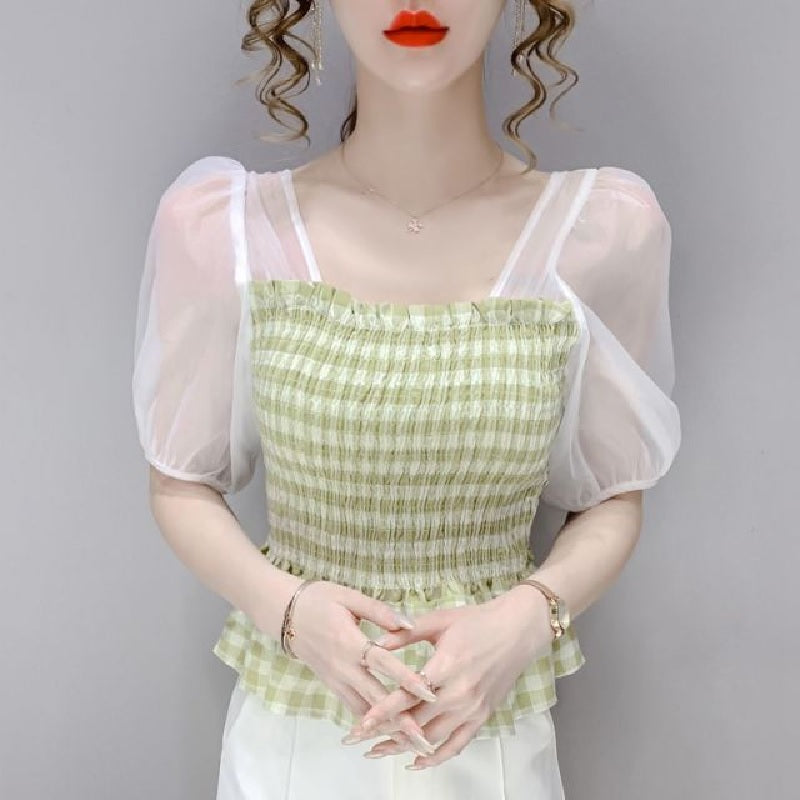 Elegant Puff Sleeve Plaid Sweet Ruffle Blouses Mssza