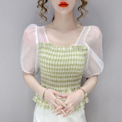 Elegant Puff Sleeve Plaid Sweet Ruffle Blouses Mssza