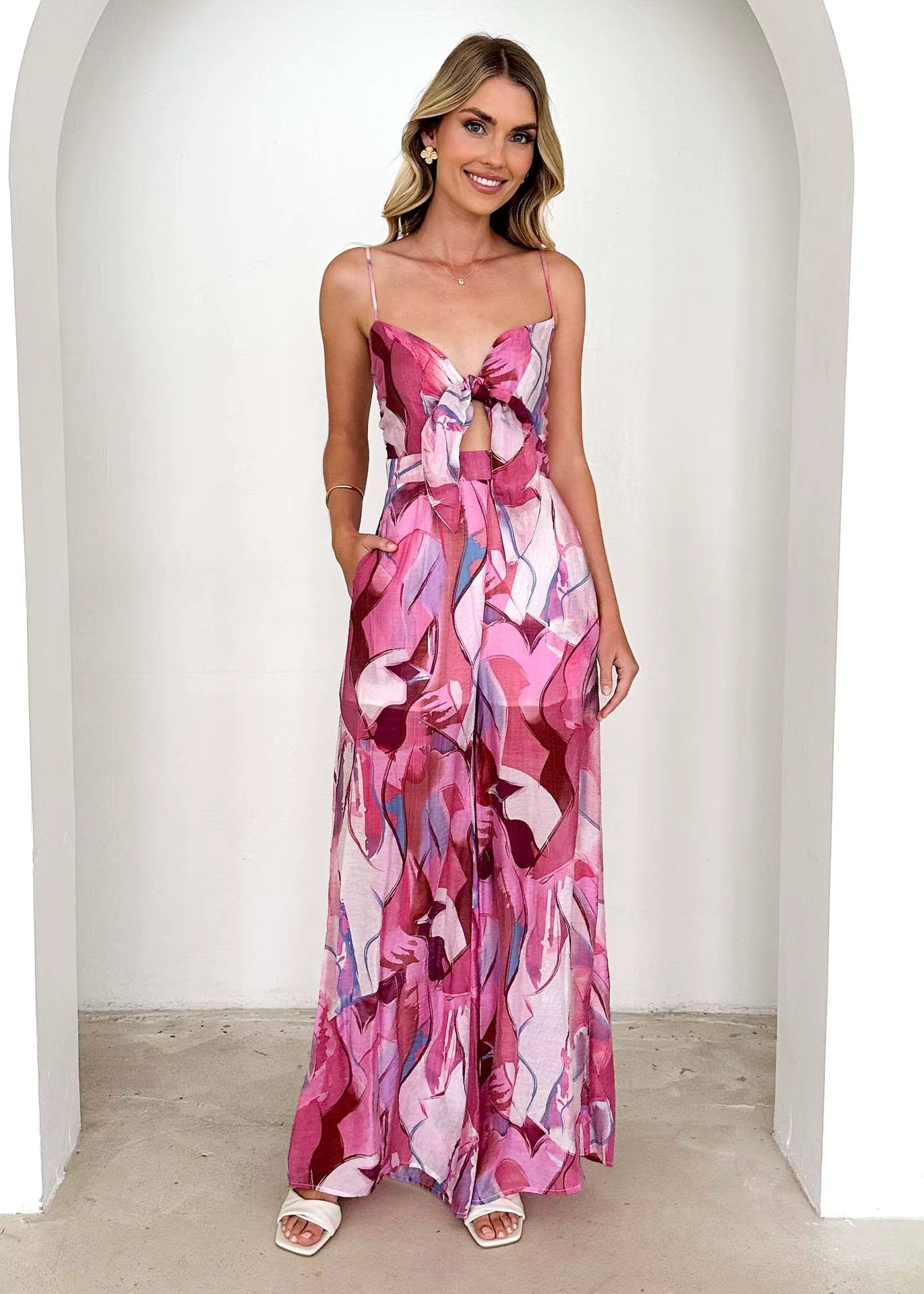 Elegant Pullover Print Suspender Strap Bow Ankle-Length Loose Jumpsuit Mssza