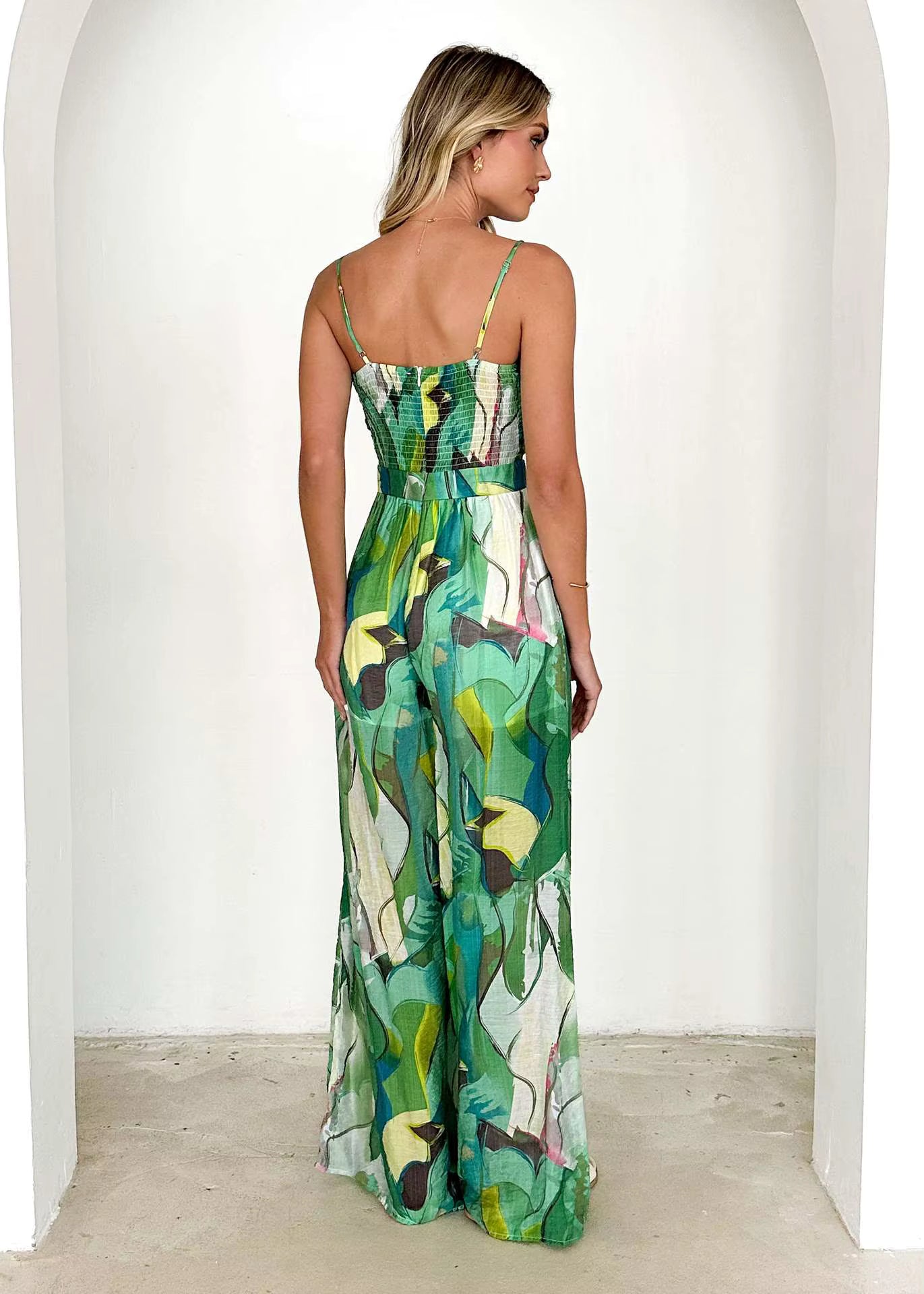 Elegant Pullover Print Suspender Strap Bow Ankle-Length Loose Jumpsuit Mssza