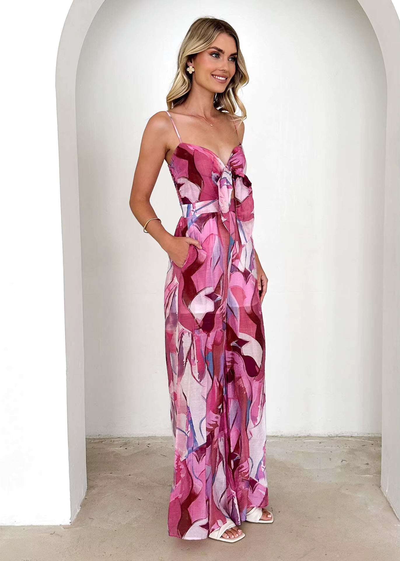 Elegant Pullover Print Suspender Strap Bow Ankle-Length Loose Jumpsuit Mssza