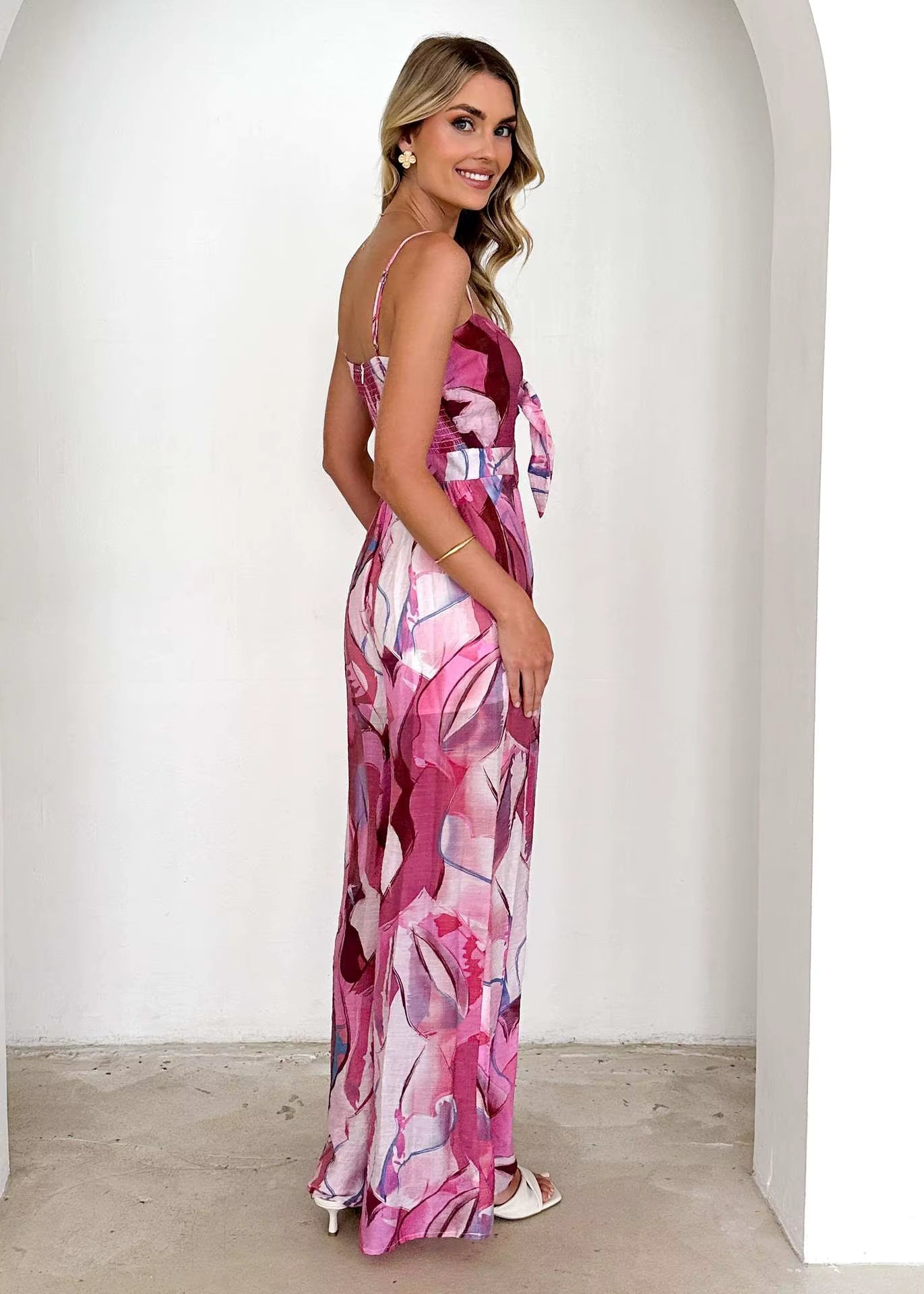 Elegant Pullover Print Suspender Strap Bow Ankle-Length Loose Jumpsuit Mssza