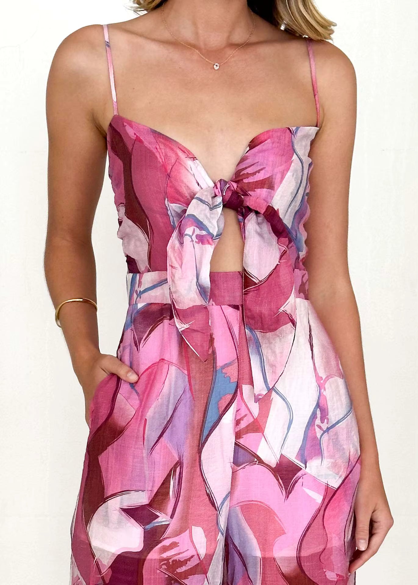 Elegant Pullover Print Suspender Strap Bow Ankle-Length Loose Jumpsuit Mssza