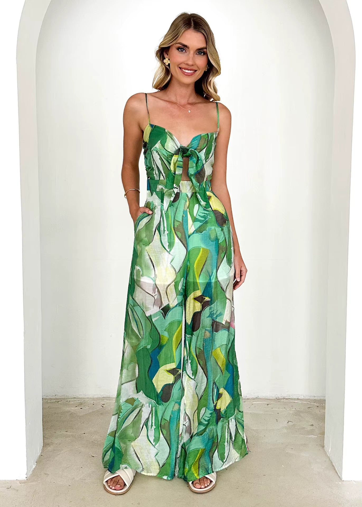 Elegant Pullover Print Suspender Strap Bow Ankle-Length Loose Jumpsuit Mssza