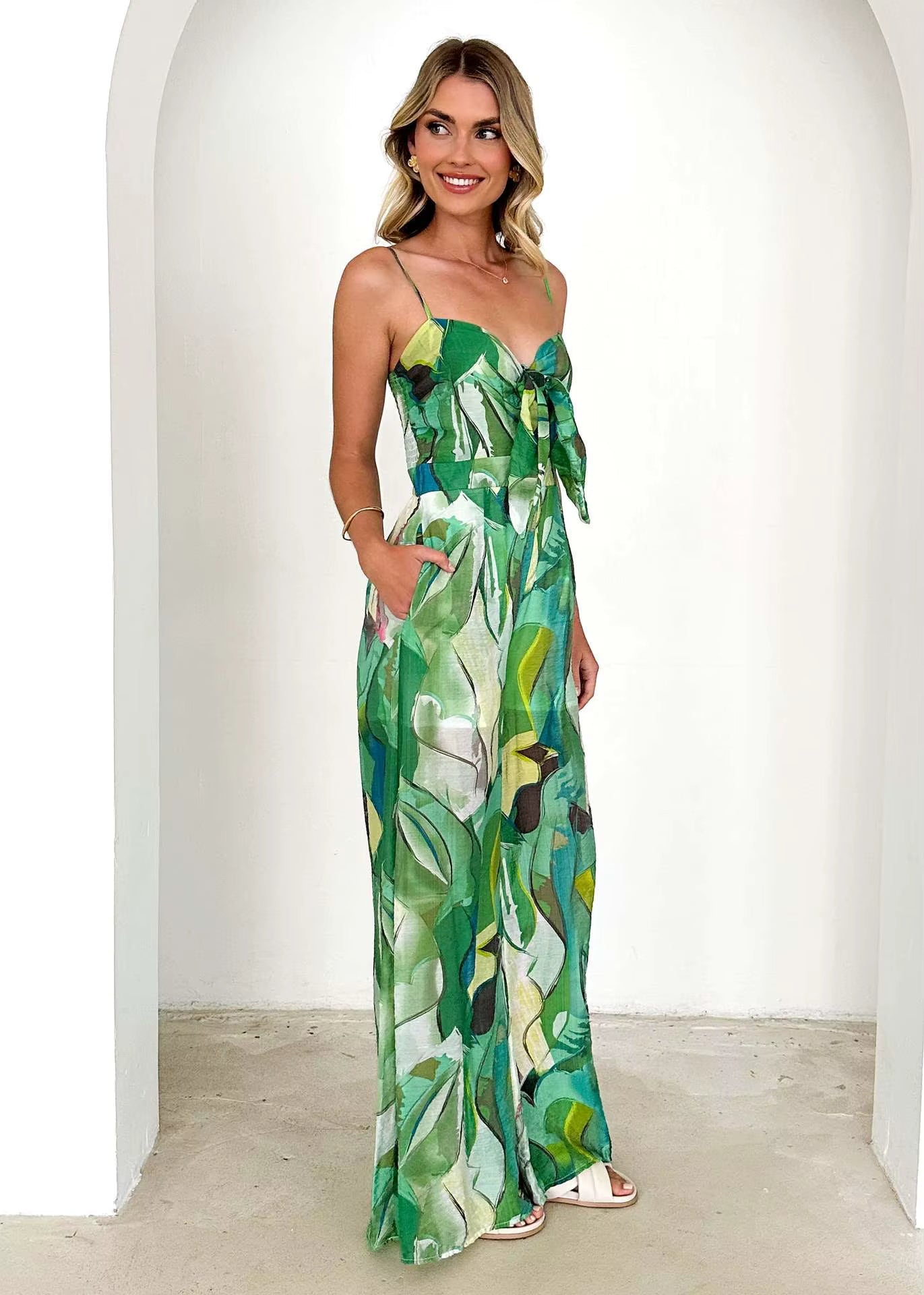 Elegant Pullover Print Suspender Strap Bow Ankle-Length Loose Jumpsuit Mssza