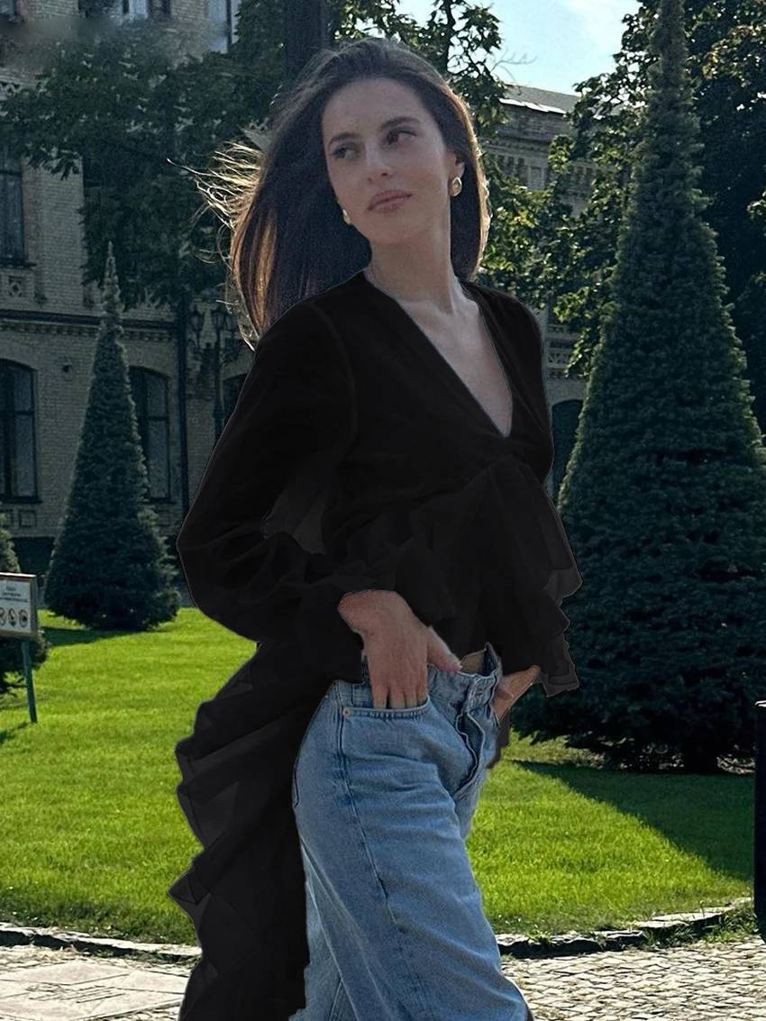 Elegant Pullover Ruffle Irregular V-Neck Long Sleeve Loose Shirts Mssza
