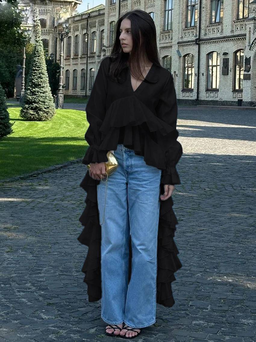 Elegant Pullover Ruffle Irregular V-Neck Long Sleeve Loose Shirts Mssza