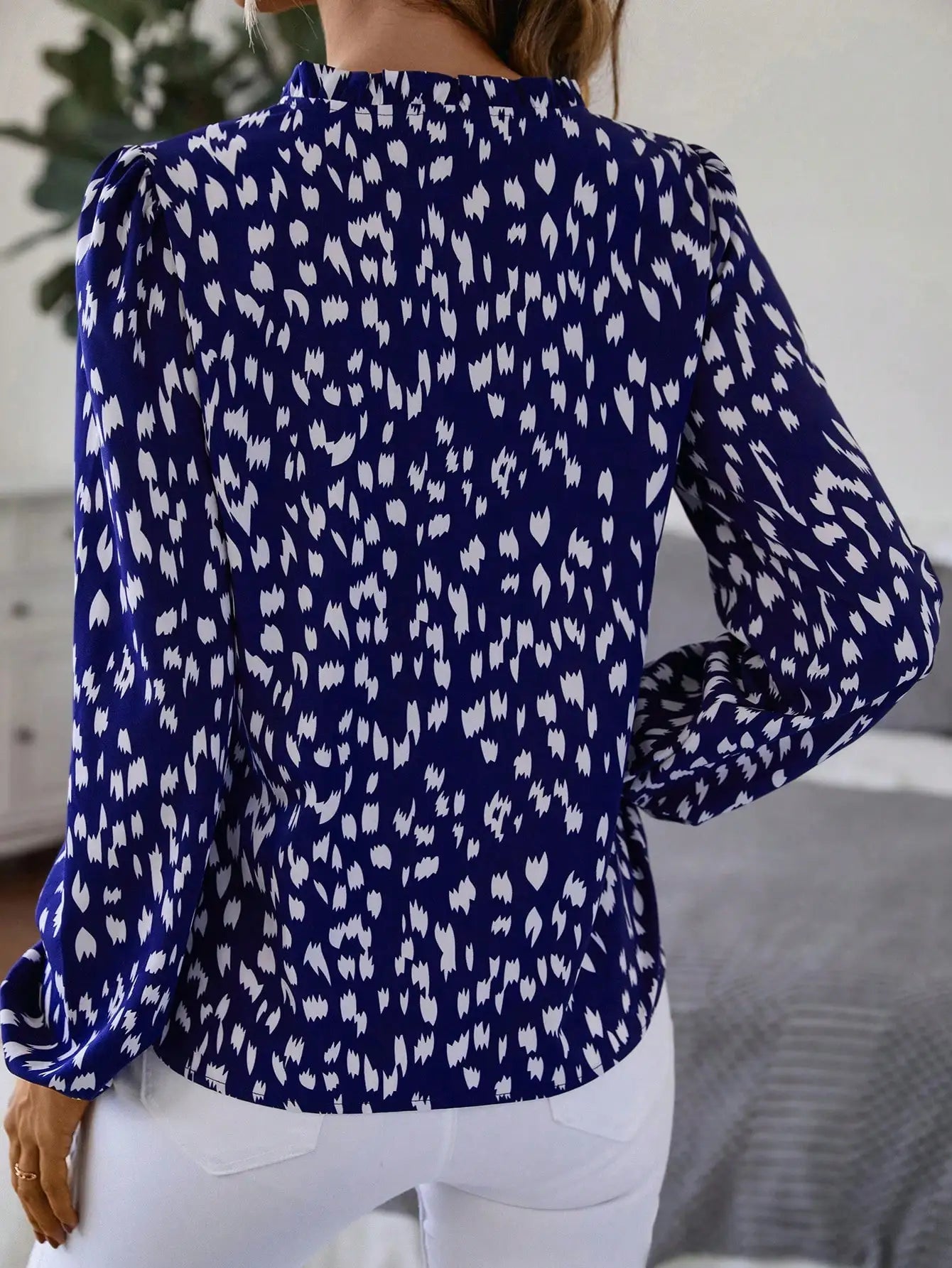 Elegant Pullover V-neck Long Sleeve Full Non Stretch Printed Shirt Mssza