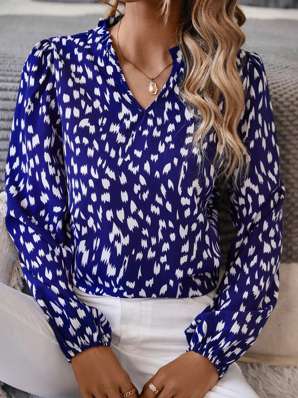 Elegant Pullover V-neck Long Sleeve Full Non Stretch Printed Shirt Mssza