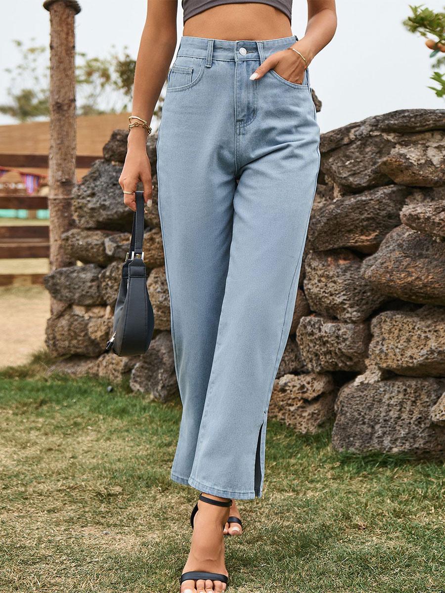 Elegant Raised Cowboy Split Front Waist Denim Bottoms Jeans Mssza
