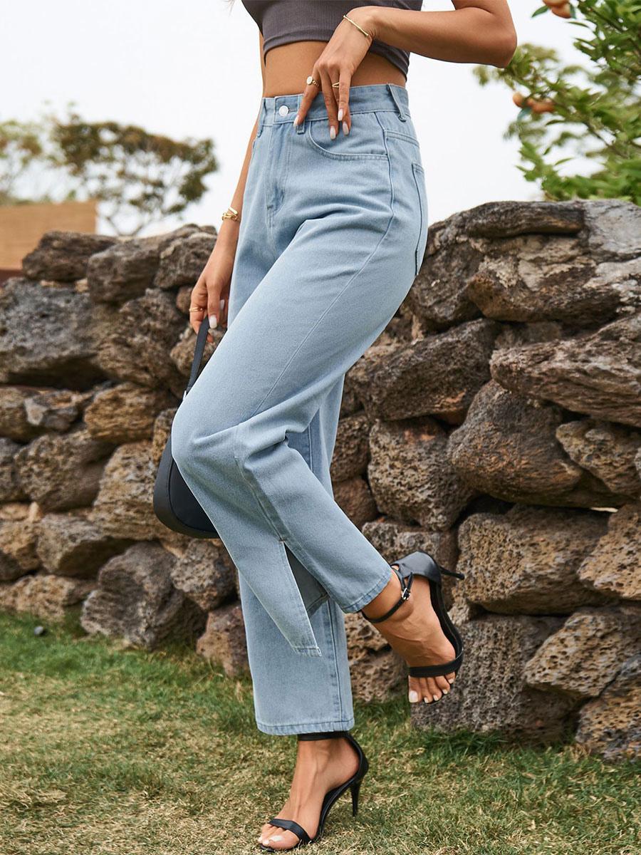 Elegant Raised Cowboy Split Front Waist Denim Bottoms Jeans Mssza