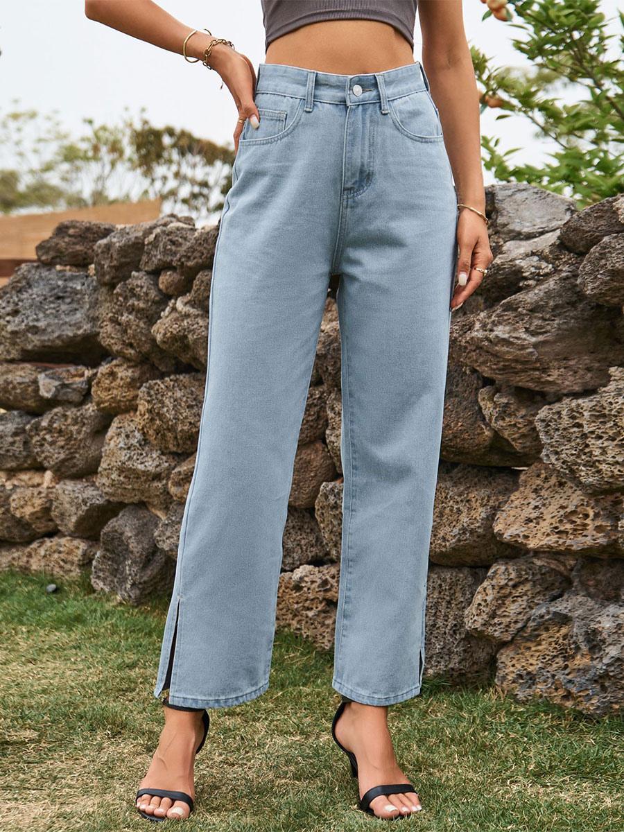 Elegant Raised Cowboy Split Front Waist Denim Bottoms Jeans Mssza