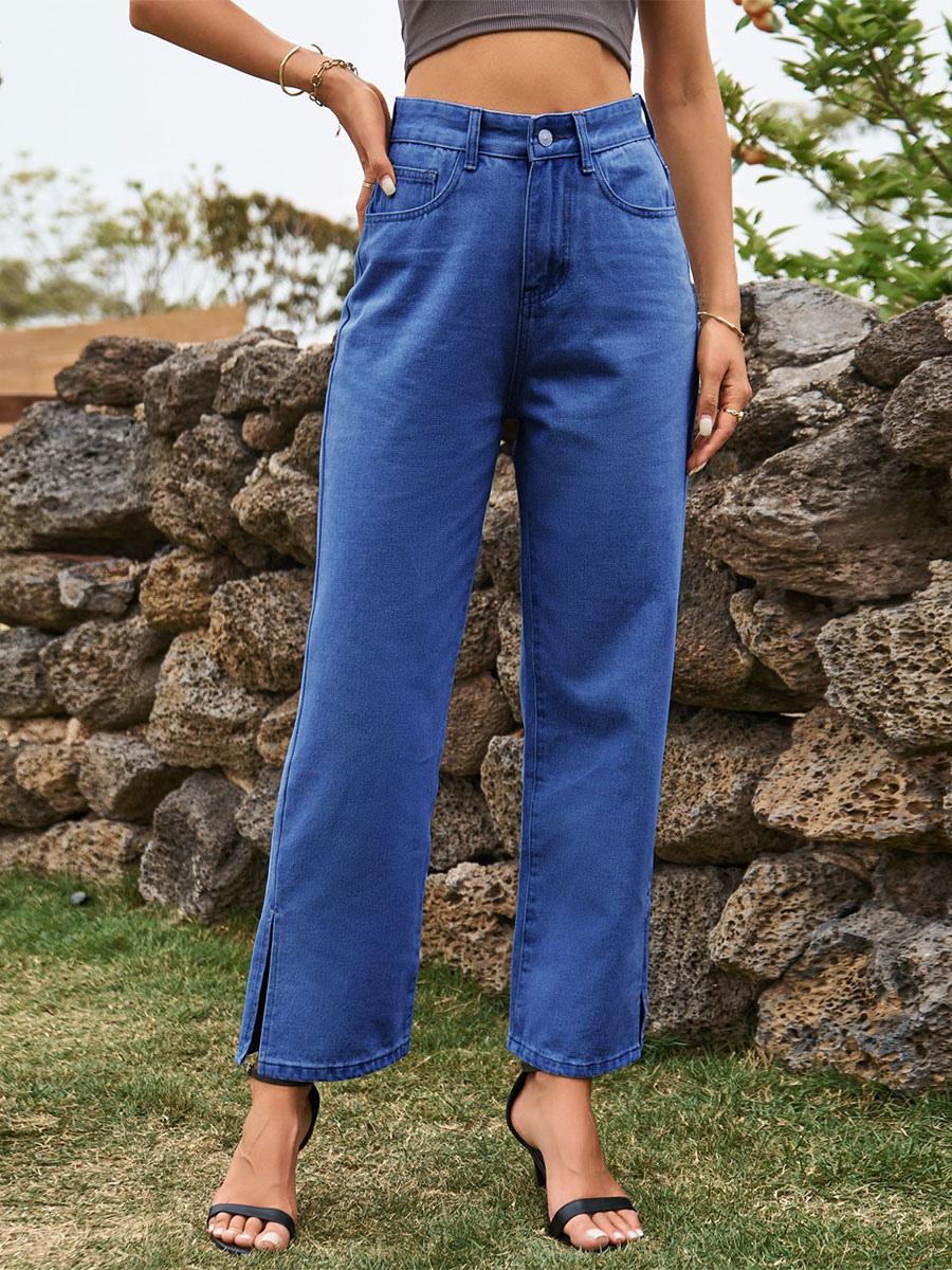 Elegant Raised Cowboy Split Front Waist Denim Bottoms Jeans Mssza