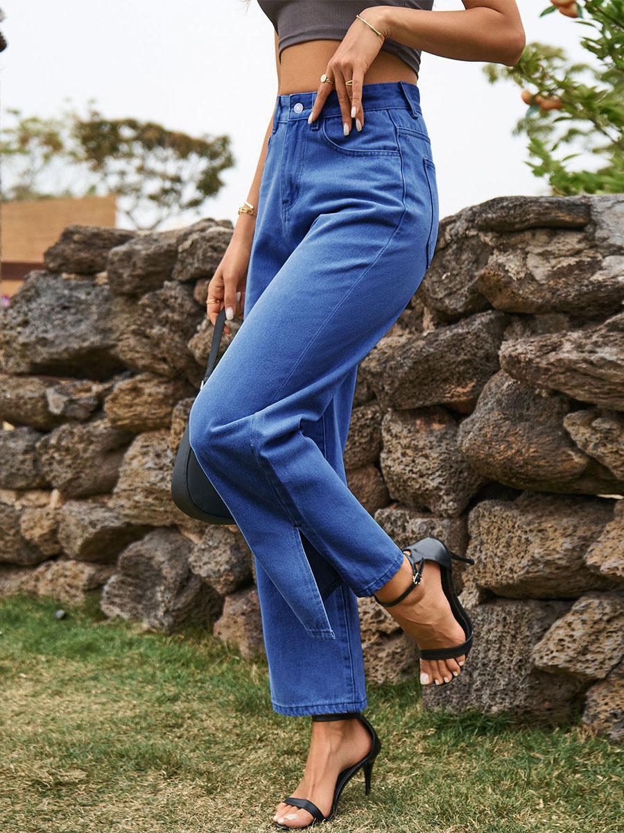 Elegant Raised Cowboy Split Front Waist Denim Bottoms Jeans Mssza