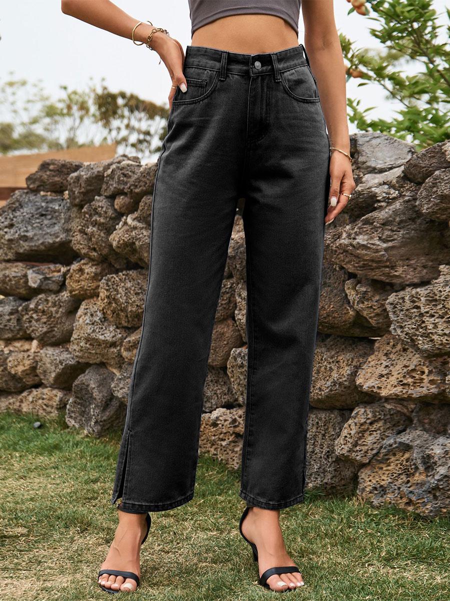 Elegant Raised Cowboy Split Front Waist Denim Bottoms Jeans Mssza