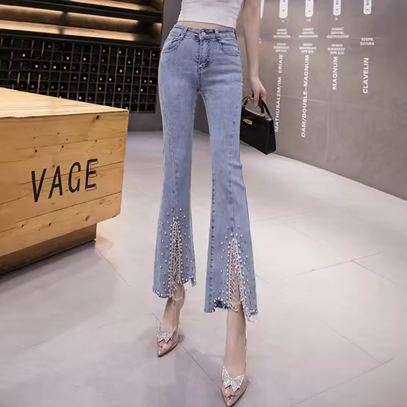 Elegant Retro Split Rhinestone Tassel Beaded Bow Cropped Slim Denim Flared Pants Mssza