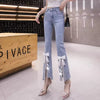 Elegant Retro Split Rhinestone Tassel Beaded Bow Cropped Slim Denim Flared Pants Mssza