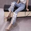 Elegant Retro Split Rhinestone Tassel Beaded Bow Cropped Slim Denim Flared Pants Mssza