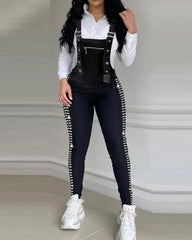 Elegant Rhinestone Decor Buckled Suspender Casual Plain Bodycon Jumpsuits Mssza