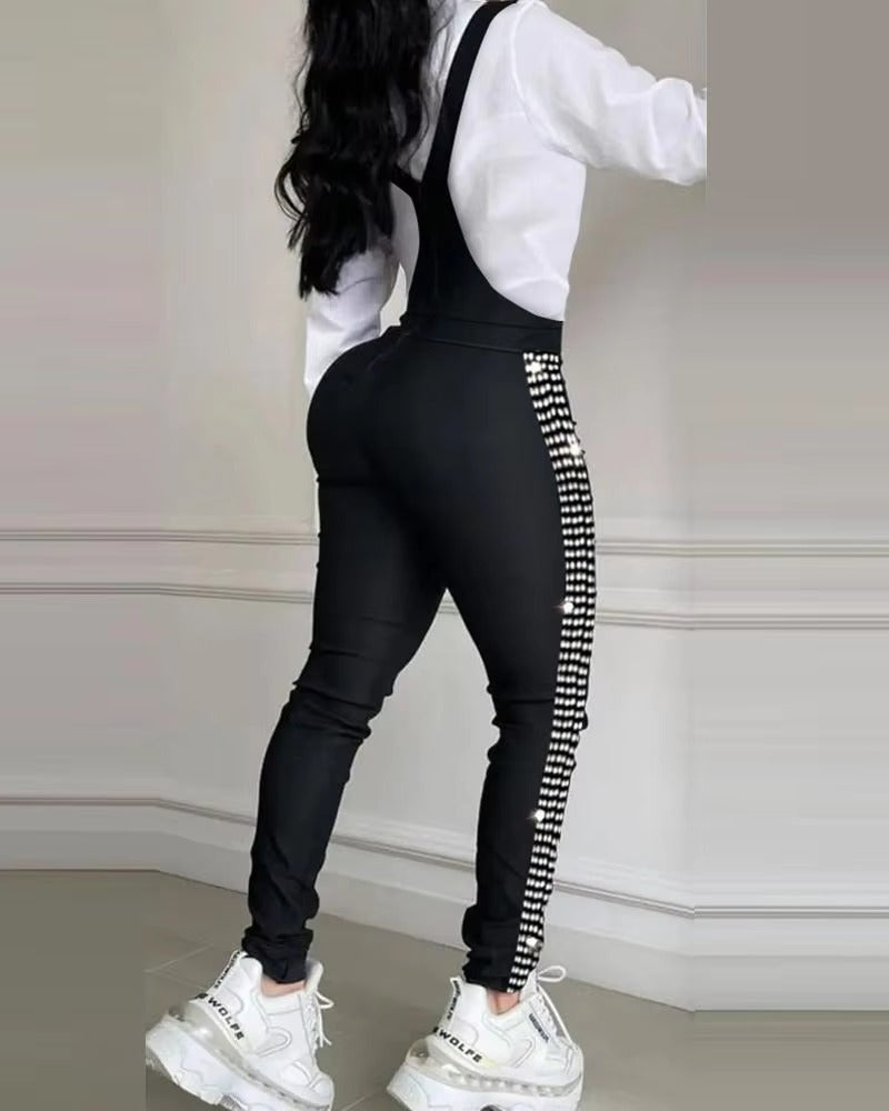 Elegant Rhinestone Decor Buckled Suspender Casual Plain Bodycon Jumpsuits Mssza