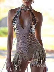 Elegant Rhinestone Sequin Tassel POLYESTER Hanging Neck Jumpsuit Mssza