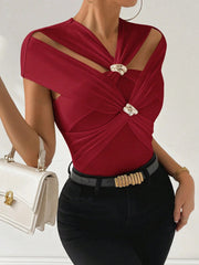 Elegant Romantic Party Cross-Metal Decorated Off The Shoulder Tight T-shirt Mssza