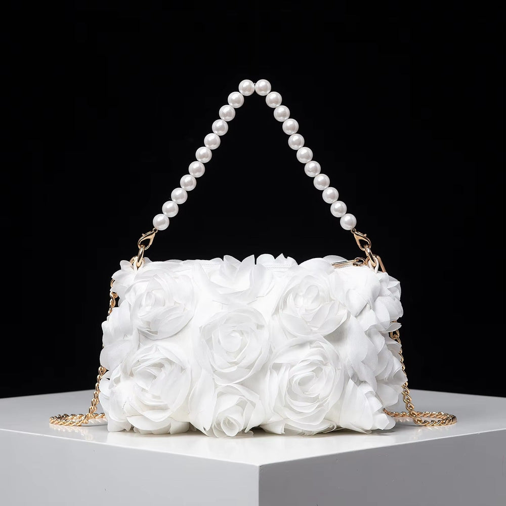 Elegant Rose Flower Dinner Bag, Faux Pearl Handbag Mssza