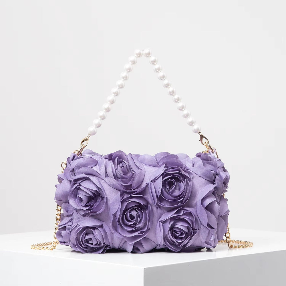Elegant Rose Flower Dinner Bag, Faux Pearl Handbag Mssza